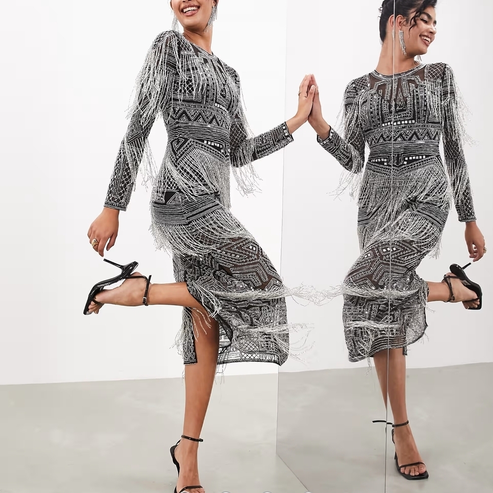 ASOS EDITION beaded fringe and sequin bodycon midi dress in black